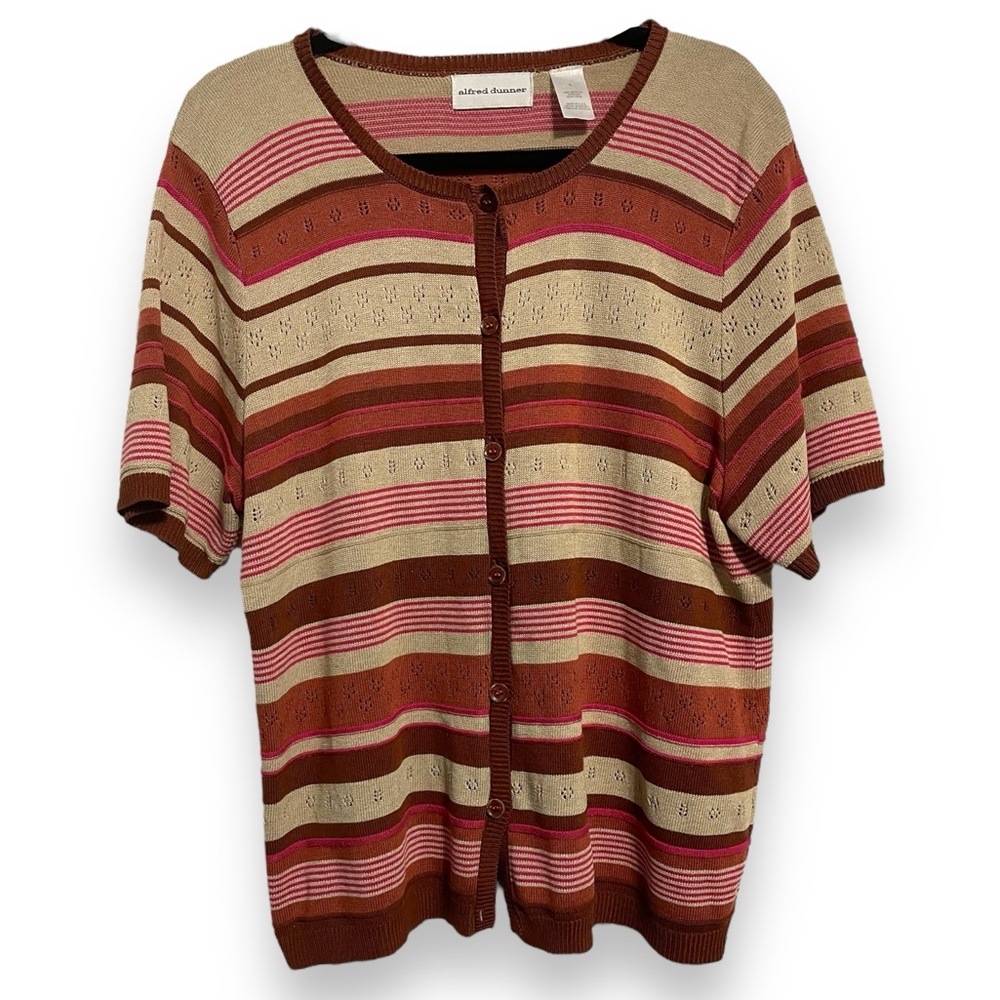 Orange Pink & Tan Crochet Knit Striped Short Sleeve Sweater Cardigan Size Large